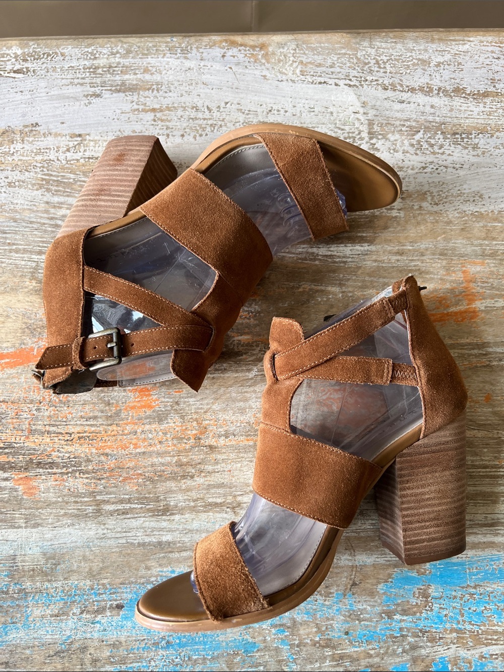 Hinge Brown Suede Strappy Block Heel Sandals